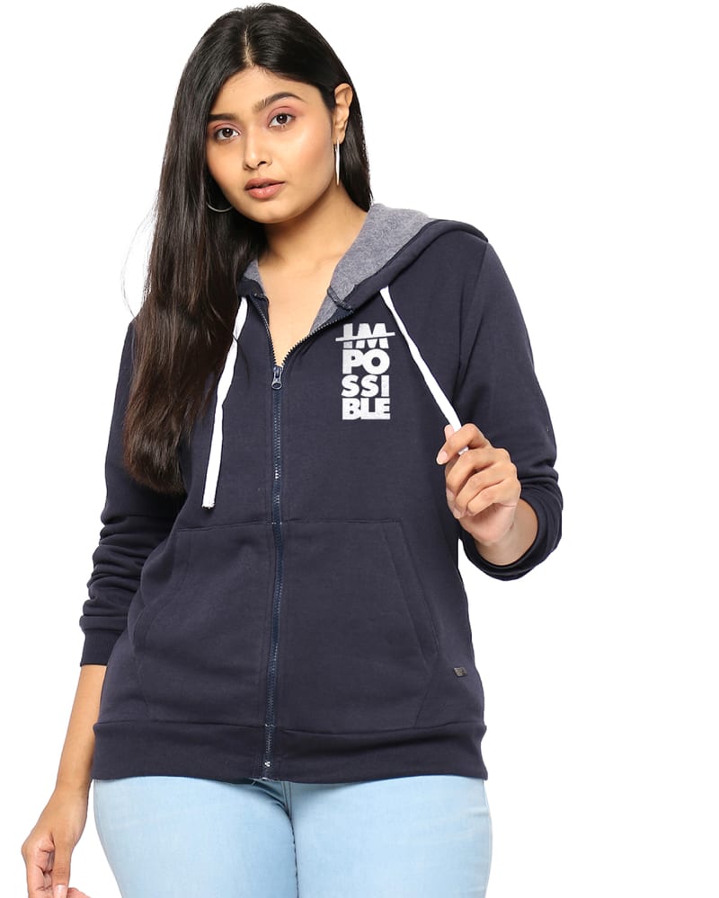Front of a model wearing a size 4XL Navy "Possible" Front Zipper Sweatshirt in Navy by Instafab Plus. | dia_product_style_image_id:298384